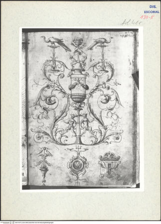 Vorderseite von Warburg Institute [https://www.deutsche-digitale-bibliothek.de/content/lizenzen/rv-ez/] Codex EscurialensisGroteske mit symmetrischem Aufbau aus der Domus Aurea - , bh315375_recto. Foto.