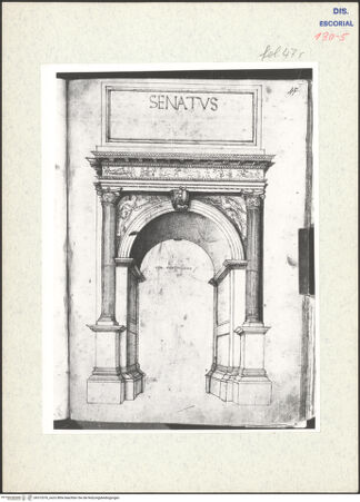 Vorderseite von Warburg Institute [https://www.deutsche-digitale-bibliothek.de/content/lizenzen/rv-ez/] Codex EscurialensisAnsicht des Titusbogens - , bh315376_recto. Foto.