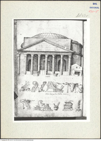 Vorderseite von Warburg Institute [https://www.deutsche-digitale-bibliothek.de/content/lizenzen/rv-ez/] Codex EscurialensisAnsicht des Pantheons, Details aus dem Fries von S. Lorenzo fuori le mura - , bh315377_recto. Foto.