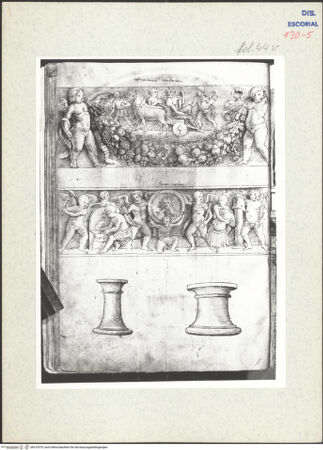 Vorderseite von Warburg Institute [https://www.deutsche-digitale-bibliothek.de/content/lizenzen/rv-ez/] Codex EscurialensisLinke Hälfte der Vorderseite eines Sarkophags mit Philoktetes Abholung, Vorderseite eines Kindersarkophags mit waffenschmiedenden Eroten, zwei runde Untersätze - , bh315379_recto. Foto.