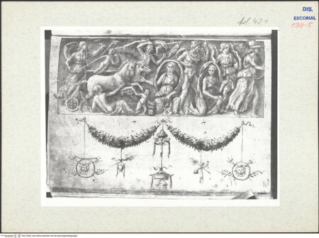 Vorderseite von Warburg Institute [https://www.deutsche-digitale-bibliothek.de/content/lizenzen/rv-ez/] Codex EscurialensisVorderseite eines Sarkophags mit dem Raub der Persephone, oberes Stück eines Groteskenschmuckes - , bh315382_recto. Foto.