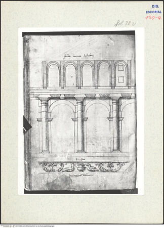 Vorderseite von Warburg Institute [https://www.deutsche-digitale-bibliothek.de/content/lizenzen/rv-ez/] Codex EscurialensisAufriss der Bogenstellung von der angeblichen Crypta Balbi - , bh315385_recto. Foto.