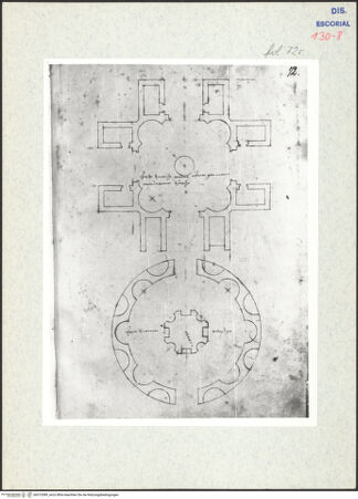Vorderseite von Warburg Institute [https://www.deutsche-digitale-bibliothek.de/content/lizenzen/rv-ez/] Codex EscurialensisGrundriss eines antiken Bauwerkes in der Nähe von Cassino (San Germano, Cassinum), Grundriss des Erdgeschosses des Tempio di Romolo - , bh315389_recto. Foto.
