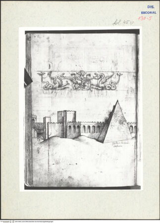 Vorderseite von Warburg Institute [https://www.deutsche-digitale-bibliothek.de/content/lizenzen/rv-ez/] Codex EscurialensisFriesornament, Ansicht der Cestius-Pyramide - , bh315403_recto. Foto.