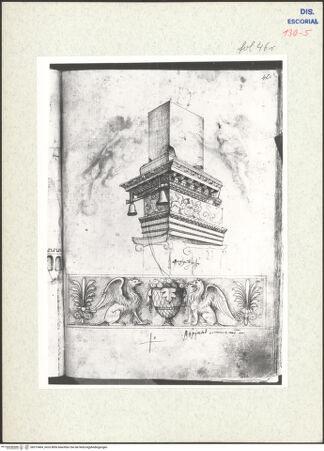 Vorderseite von Warburg Institute [https://www.deutsche-digitale-bibliothek.de/content/lizenzen/rv-ez/] Codex EscurialensisAnsicht eines Gebälkrestes vom Trajansforum, Fries aus den Thermen des Titus - , bh315404_recto. Foto.