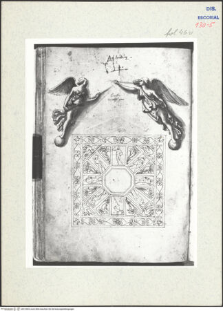 Vorderseite von Warburg Institute [https://www.deutsche-digitale-bibliothek.de/content/lizenzen/rv-ez/] Codex EscurialensisDie beiden Viktorien aus den Zwickeln des Titusbogens, Skizze eines Mosaikfußbodens - , bh315405_recto. Foto.