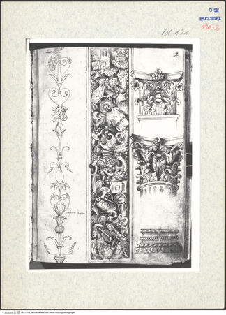 Vorderseite von Warburg Institute [https://www.deutsche-digitale-bibliothek.de/content/lizenzen/rv-ez/] Codex EscurialensisSymmetrische Rankenfüllung, korinthisches Pilasterkapitell, Säulenkapitell aus der Vorhalle des Pantheons, Aufriss eines der beiden Reliefpfeiler mit Kriegstrophäen in der Eingangshalle der Uffizien, zugehörige Basis - , bh315418_recto. Foto.