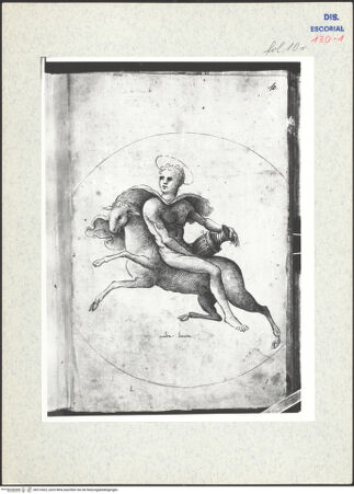 Vorderseite von Warburg Institute [https://www.deutsche-digitale-bibliothek.de/content/lizenzen/rv-ez/] Codex EscurialensisRundbild mit einem rücklings auf einem Schaf sitzenden Jüngling mit Nimbus - , bh315423_recto. Foto.