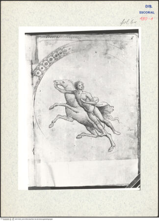 Vorderseite von Warburg Institute [https://www.deutsche-digitale-bibliothek.de/content/lizenzen/rv-ez/] Codex EscurialensisRundbild mit einem neben einem Pferd schwebenden Jüngling - , bh315425_recto. Foto.