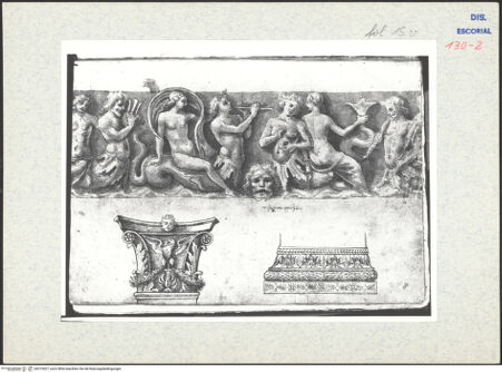 Vorderseite von Warburg Institute [https://www.deutsche-digitale-bibliothek.de/content/lizenzen/rv-ez/] Codex EscurialensisVorderseite eines Sarkophags mit Seegöttern, um eine Okeanosmaske gruppiert, Pilasterkapitell, Pilasterbasis - , bh315427_recto. Foto.