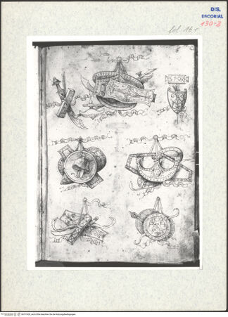 Vorderseite von Warburg Institute [https://www.deutsche-digitale-bibliothek.de/content/lizenzen/rv-ez/] Codex EscurialensisSieben Waffenbündel - , bh315428_recto. Foto.