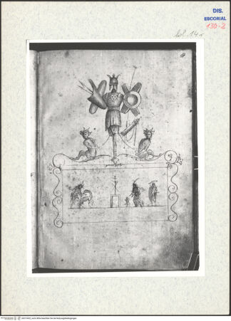 Vorderseite von Warburg Institute [https://www.deutsche-digitale-bibliothek.de/content/lizenzen/rv-ez/] Codex EscurialensisDekoratives Detail aus einem der vier Felder, welche zu je zwei das Mittelfeld der Decke bilden - , bh315432_recto. Foto.