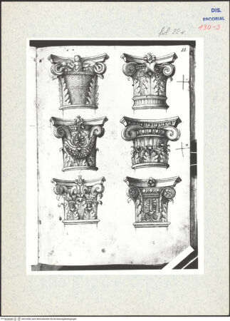 Vorderseite von Warburg Institute [https://www.deutsche-digitale-bibliothek.de/content/lizenzen/rv-ez/] Codex EscurialensisSechs Kapitelle aus einem Musterbuch kopiert - , bh315438_recto. Foto.