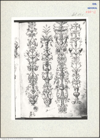 Vorderseite von Warburg Institute [https://www.deutsche-digitale-bibliothek.de/content/lizenzen/rv-ez/] Codex EscurialensisVier Pilasterfüllungen aus einem Musterbuch - , bh315444_recto. Foto.