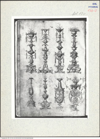 Vorderseite von Warburg Institute [https://www.deutsche-digitale-bibliothek.de/content/lizenzen/rv-ez/] Codex EscurialensisSechs kandelaberartige Pilasterfüllungen aus einem Musterbuch - , bh315445_recto. Foto.