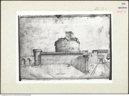 Vorderseite von Warburg Institute [https://www.deutsche-digitale-bibliothek.de/content/lizenzen/rv-ez/] Codex EscurialensisBlick auf die Engelsburg vom Anfang des Borgo vecchio, vor den Umbauten Alexanders VI. - , bh315447_recto. Foto.