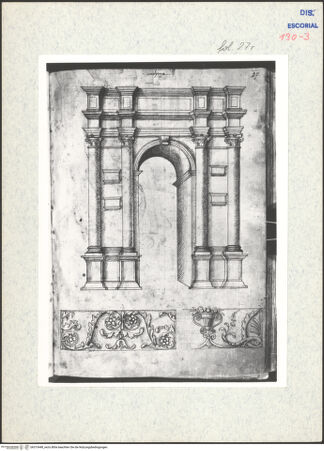 Vorderseite von Warburg Institute [https://www.deutsche-digitale-bibliothek.de/content/lizenzen/rv-ez/] Codex EscurialensisAufriss des Arcus Traiani in Ancona, Friesornament - , bh315448_recto. Foto.
