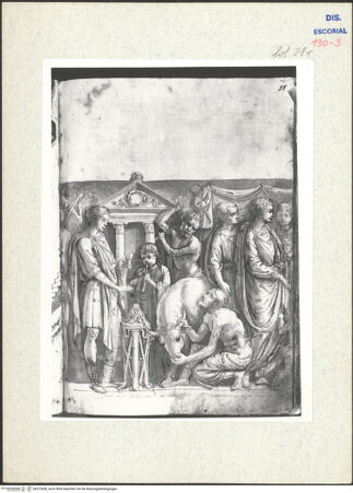 Vorderseite von Warburg Institute [https://www.deutsche-digitale-bibliothek.de/content/lizenzen/rv-ez/] Codex EscurialensisMittelstück eines Sarkophags mit Darstellung aus dem Leben eines Feldherren - , bh315450_recto. Foto.