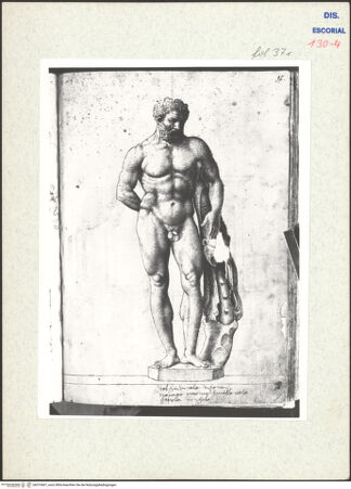 Vorderseite von Warburg Institute [https://www.deutsche-digitale-bibliothek.de/content/lizenzen/rv-ez/] Codex EscurialensisStatue eines ausruhenden Herakles in dem Motiv der lysippischen Statue - , bh315467_recto. Foto.