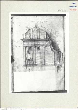 Vorderseite von Warburg Institute [https://www.deutsche-digitale-bibliothek.de/content/lizenzen/rv-ez/] Codex EscurialensisAnsicht des unter dem Namen Tempio della Fortuna Muliebre bekannten Backsteingrabmales an der Via Appia - , bh315468_recto. Foto.