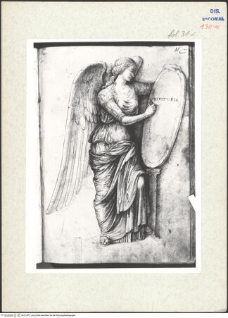 Vorderseite von Warburg Institute [https://www.deutsche-digitale-bibliothek.de/content/lizenzen/rv-ez/] Codex EscurialensisNike in der Haltung der Victoria von Brescia - , bh315475_recto. Foto.