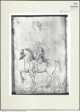 Vorderseite von Warburg Institute [https://www.deutsche-digitale-bibliothek.de/content/lizenzen/rv-ez/] Codex EscurialensisSkizze eines weiblichen Kopfes, Reiterstatue des Marc Aurel - , bh315476_recto. Foto.