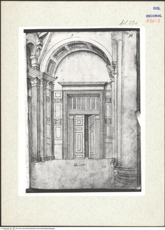 Vorderseite von Warburg Institute [https://www.deutsche-digitale-bibliothek.de/content/lizenzen/rv-ez/] Codex EscurialensisAnsicht der Eingangstür des Pantheons - , bh315479_recto. Foto.