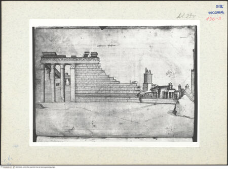 Vorderseite von Warburg Institute [https://www.deutsche-digitale-bibliothek.de/content/lizenzen/rv-ez/] Codex EscurialensisAnsicht der östlichen Langseite des Tempels des Antoninus und der Faustina - , bh315480_recto. Foto.