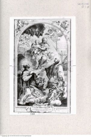 Vorderseite von Landesbildstelle Rheinland [http://creativecommons.org/publicdomain/mark/1.0/] Maria mit dem Kind auf Wolken; unten Igantius von Loyola und Franziskus Xaverius - , bh316003. Foto.