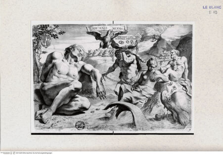 Vorderseite von Landesbildstelle Rheinland [http://creativecommons.org/publicdomain/mark/1.0/] Arcanis Nodis: Allegorie mit Herkules, der einen Stein und eine Kette trägt, zwei gegen Felsen gelehnte nackte Männerfiguren, einer Frau, einem Delphin und einem Wappen - , bh316405. Foto.