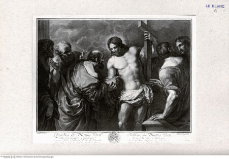 Vorderseite von Landesbildstelle Rheinland [http://creativecommons.org/publicdomain/mark/1.0/] Recueil d'Estampes d'après les plus célèbres tableaux de la Galerie Royale de Dresde. I. Volume. Contenant cinquante pieces avec une description de chaque tableau en francois et en italien. ... Imprimé a Dresde M.DCC.LIII.Tafel 34: Der ungläubige Thomas - , bh316421. Foto.