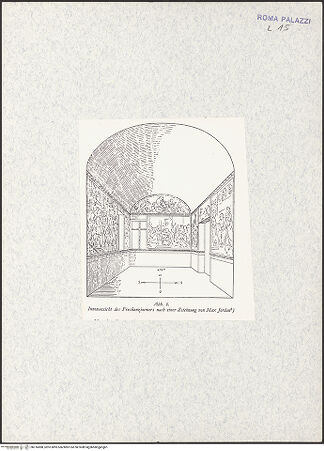 Vorderseite von unbekannt [https://www.deutsche-digitale-bibliothek.de/content/lizenzen/rv-fz/] Schema des Nazarenerzimmers der Casa Bartholdy - Abb. 6.: Innenansicht des Freskenzimmers nach einer Zeichnung von Max Jordan; aus: W. Körte, Der Palazzo Zuccari in Rom, Leipzig 1935, bh316888_recto. Foto.