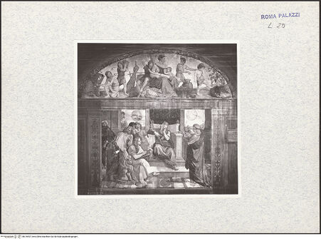 Vorderseite von Staatliche Museen zu Berlin [https://rightsstatements.org/page/CNE/1.0/] Acht Wandgemälde aus der Casa Bartholdy (Zuccari) in Rom - Gesamtansicht der Wand: Peter von Cornelius, Joseph deutet die Träume des Pharao; Philipp Veit, Die sieben fetten Jahre (Lünette), bh316907_recto. Foto.