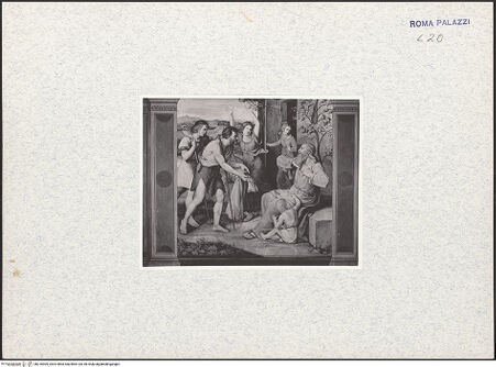 Vorderseite von Staatliche Museen zu Berlin, Nationalgalerie [https://www.deutsche-digitale-bibliothek.de/content/lizenzen/rv-ez/] Acht Wandgemälde aus der Casa Bartholdy (Zuccari) in RomJakobs Klage. Überbringung des blutigen Rockes an Jakob - mit flankierenden Pilastern, bh316909_recto. Foto.