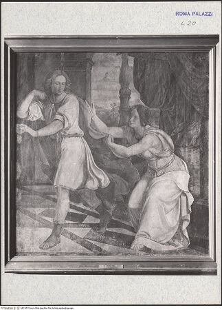 Vorderseite von Staatliche Museen zu Berlin - Preußischer Kulturbesitz [https://www.deutsche-digitale-bibliothek.de/content/lizenzen/rv-ez/] Acht Wandgemälde aus der Casa Bartholdy (Zuccari) in RomJoseph und Potiphars Weib - mit Bilderrahmen und Etikett an der unteren Rahmenleiste, bh316910_recto. Foto.