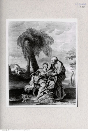 Vorderseite von Landesbildstelle Rheinland [http://creativecommons.org/publicdomain/mark/1.0/] Heilige Familie unter einer Palme; Josef reicht dem Kind Blumen - , bh317575. Foto.