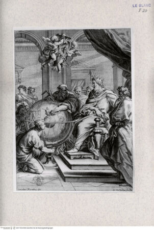 Vorderseite von Landesbildstelle Rheinland [http://creativecommons.org/publicdomain/mark/1.0/] Archimedes erklärt Dionys, dem Tyrannen von Syrakus, das Sonnensystem; Oben 2 Genien mit den Wappen des Kardinals Barberini - , bh317626. Foto.