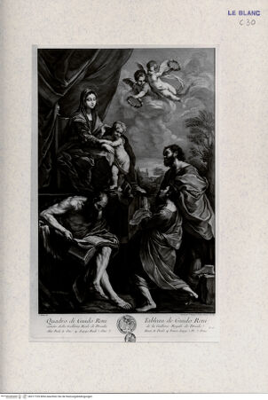 Vorderseite von Landesbildstelle Rheinland [http://creativecommons.org/publicdomain/mark/1.0/] Recueil d'Estampes d'après les plus célèbres tableaux de la Galerie Royale de Dresde. I. Volume. Contenant cinquante pieces avec une description de chaque tableau en francois et en italien. ... Imprimé a Dresde M.DCC.LIII.Tafel 23: Thronende Madonna mit den Heiligen Crispin, Crispinian und Paulus Eremita - , bh317705. Foto.