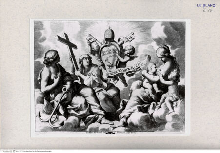 Vorderseite von Landesbildstelle Rheinland [http://creativecommons.org/publicdomain/mark/1.0/] Allegorie; das Wappen Innozenz X. (Pamphili) umgeben von Spes, Caritas und Fides - , bh317741. Foto.