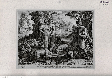 Vorderseite von Landesbildstelle Rheinland [http://creativecommons.org/publicdomain/mark/1.0/] Stichserie nach den Fresken der Loggien des VatikanJakob und Rahel am Brunnen - Bl. 22 - , bh317865. Foto.