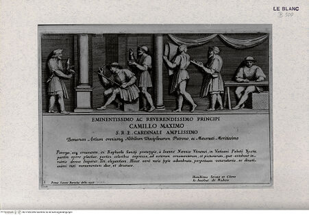 Vorderseite von Landesbildstelle Rheinland [http://creativecommons.org/publicdomain/mark/1.0/] "Parerga atqua ornamenta in Vaticani Palatij Xystis"; Stichfolge nach den Stuckarbeiten in den Loggien des VatikanBlatt 1 - Widmungsblatt - , bh317885. Foto.