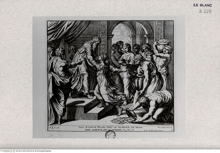 Vorderseite von Landesbildstelle Rheinland [http://creativecommons.org/publicdomain/mark/1.0/] "Imagines Veteris ac Novi Testamenti", Serie der biblischen Geschichten nach der "Bibel Rafaels"Salomon und die Königin von Saba - Bl. 47 - , bh318016. Foto.