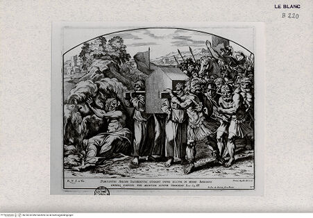 Vorderseite von Landesbildstelle Rheinland [http://creativecommons.org/publicdomain/mark/1.0/] "Imagines Veteris ac Novi Testamenti", Serie der biblischen Geschichten nach der "Bibel Rafaels"Durchzug durch den Jordan - Bl 37 - , bh318018. Foto.