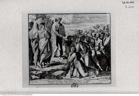 Vorderseite von Landesbildstelle Rheinland [http://creativecommons.org/publicdomain/mark/1.0/] "Imagines Veteris ac Novi Testamenti", Serie der biblischen Geschichten nach der "Bibel Rafaels"Moses zeigt den Israeliten die Gesetzestafel - Bl. 36 - , bh319957. Foto.