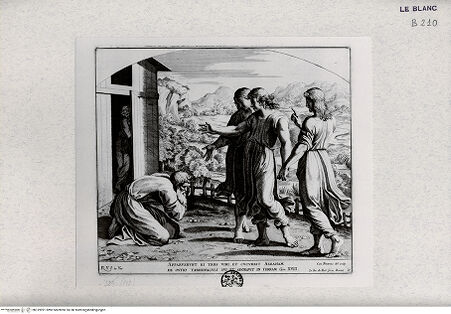 Vorderseite von Landesbildstelle Rheinland [http://creativecommons.org/publicdomain/mark/1.0/] "Imagines Veteris ac Novi Testamenti", Serie der biblischen Geschichten nach der "Bibel Rafaels"Abraham und die drei Engel - Bl. 15 - , bh319991. Foto.