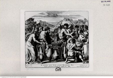 Vorderseite von Landesbildstelle Rheinland [http://creativecommons.org/publicdomain/mark/1.0/] "Imagines Veteris ac Novi Testamenti", Serie der biblischen Geschichten nach der "Bibel Rafaels"Treffen Abrahams und Melchisedechs - Bl. 13 - , bh319996. Foto.