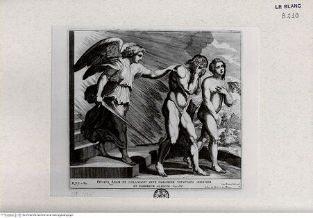 Vorderseite von Landesbildstelle Rheinland [http://creativecommons.org/publicdomain/mark/1.0/] "Imagines Veteris ac Novi Testamenti", Serie der biblischen Geschichten nach der "Bibel Rafaels"Vetreibung aus dem Paradies - Bl. 7 - , bh319998. Foto.