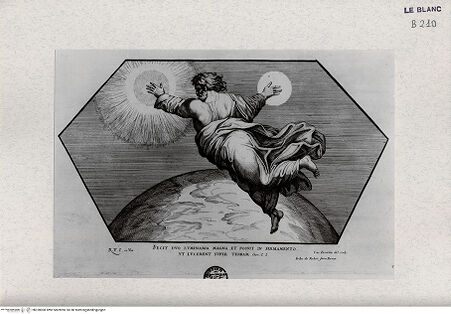 Vorderseite von Landesbildstelle Rheinland [http://creativecommons.org/publicdomain/mark/1.0/] "Imagines Veteris ac Novi Testamenti", Serie der biblischen Geschichten nach der "Bibel Rafaels"Erschaffung von Sonne und Mond - Bl. 3 - , bh320000. Foto.