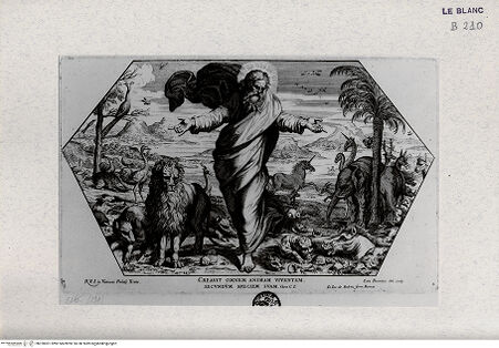 Vorderseite von Landesbildstelle Rheinland [http://creativecommons.org/publicdomain/mark/1.0/] "Imagines Veteris ac Novi Testamenti", Serie der biblischen Geschichten nach der "Bibel Rafaels"Erschaffung der Tiere - Bl. 4 - , bh320001. Foto.