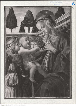 Vorderseite von National Gallery London [https://www.deutsche-digitale-bibliothek.de/content/lizenzen/rv-ez/] Madonna mit Kind und zwei Engeln im Garten - , bh320781_recto. Foto.